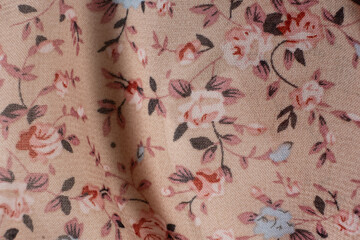 Close-Up Macro Texture of Polyester Fabric with Colorful Floral Print