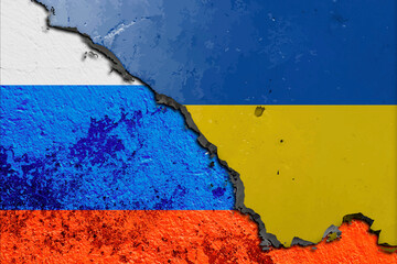 Torn Flags of Ukraine and Russia Depicting Political and Cultural Tension. Split Design of  Russia...