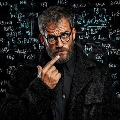 Contemplative Scientist Analyzing Complex Equations in a Dark Classroom Setting