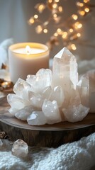 Crystal and candles are placed on a wooden tray.