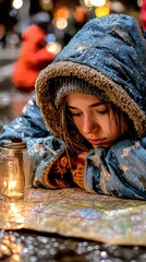Contemplative Moment, Young Woman with Map, City Street, Photo, Rainy Evening, Close-up, Lost in Thoughts