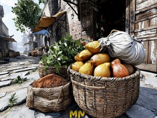 Vibrant Market Scene, Fresh Produce, Historic Street, Photography, Urban Environment, Low Angle View, Cultural Bazaar