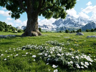 Scenic Landscape View of a Majestic Tree with Mountain Backdrop in a Lush Green Meadow