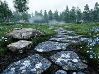 Scenic Nature Path, Tranquil Landscape, Misty Forest, Outdoor Photography, Serene Environment, Ground Level View, Natural Beauty