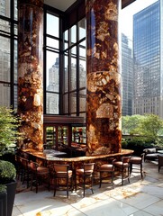 Luxury Bar Interior Design, Urban Setting, Modern Architecture, Hospitality Space, High-Rise City View