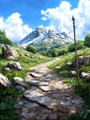 Adventure Trail, Mountain Landscape, Serene Pathway, Digital Illustration, Lush Environment, Scenic View, Nature Concept
