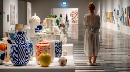 Art Exhibition, Decorative Vases, Modern Gallery, Photography, Contemporary Space, Eye-Level View, Artistic Exploration