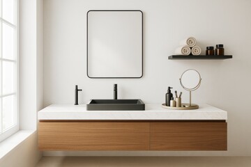 Minimalist bathroom interior with wooden vanity, black fixtures, and soft natural lighting on white wall background in modern contemporary style.