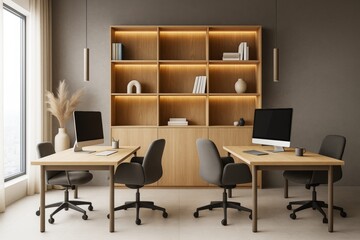 Modern minimalist office interior with wooden furniture, ergonomic chairs, and built-in shelves under warm lighting in a contemporary room setting.