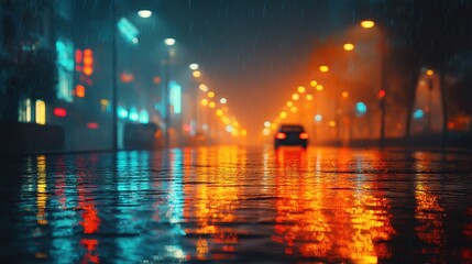 Fototapeta premium Rainy night city with reflections on wet street, night city, emotional storytelling