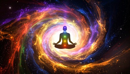 Fantasy Vortex Meditation: A Mystical Figure Surrounded by Sparkling Multicolored Dust Particles, Radiating Magical Energy with Dynamic Composition and Rich Visual Contrast