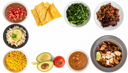 Authentic Latin American food ingredients and dishes isolated on white background with vivid color capture and directional lighting