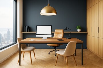 Modern executive office interior with wood furniture, leather chair, minimalist decor, and city view in contemporary workspace design style.