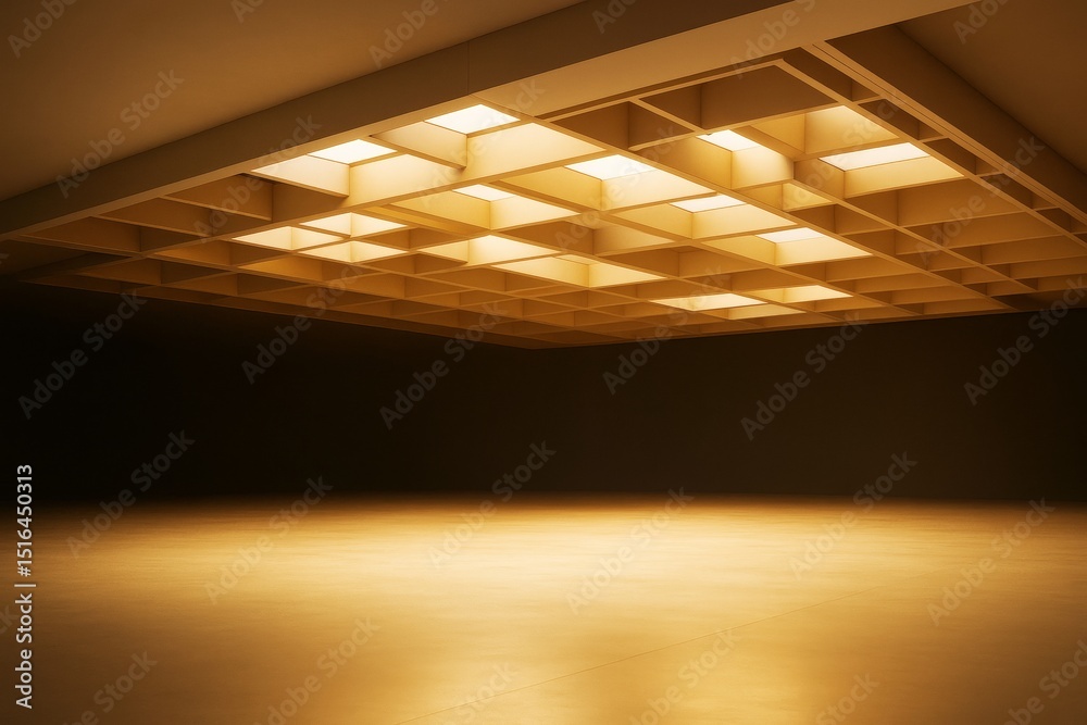 Poster modern empty interior room with grid ceiling light design and warm ambient illumination in contempor