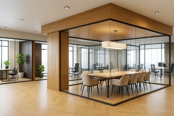 Obraz premium Modern glass-walled office meeting room with wooden accents and stylish interior design in bright contemporary workspace environment.