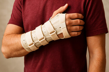 Man Wearing Medical Wrist Brace for Injury Recovery. Close-up of Orthopedic Arm Support for Rehabilitation and Pain Relief