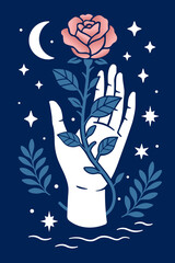 Mystical hand holding blooming rose flower with moon and stars — boho magical floral line art illustration for spiritual decor, witchy design, botanical celestial print, tarot and moon phase themes