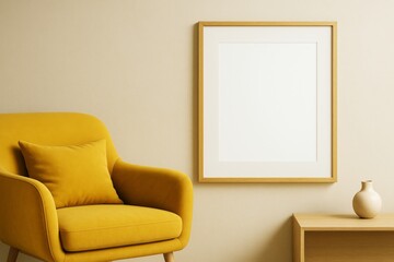 Minimalist contemporary interior with yellow armchair, wooden frame on beige wall and small ceramic vase on wooden cabinet in calm room setting.