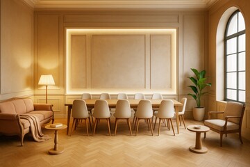 Elegant contemporary meeting room interior with classic decor, wooden furniture, and soft lighting in warm tones, perfect for branding mockup concepts.