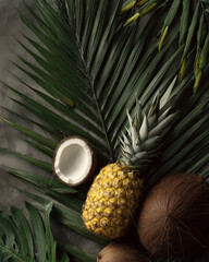 A pineapple sits on a leaf next to a coconut. The image has a tropical feel to it