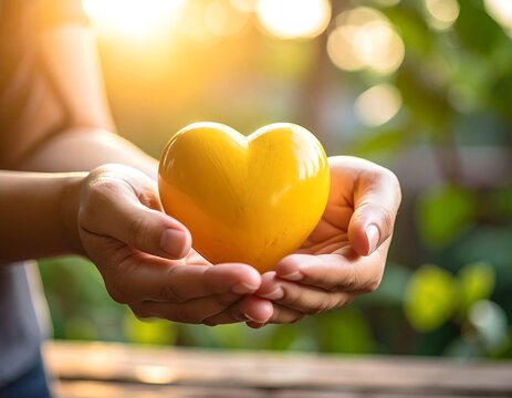 Hands holding a yellow heart outdoors