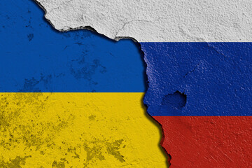 Torn Flags of Ukraine and Russia Depicting Political and Cultural Tension. Split Design of  Ukraine...