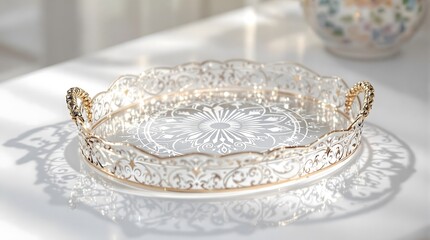 Obraz premium Elegant decorative serving tray with intricate filigree design and ornamental pattern on white surface