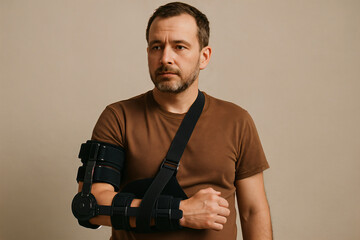 Man in a brown t-shirt wearing an orthopedic shoulder and elbow brace for arm immobilization. Medical recovery support against a neutral background, ideal for healthcare themes.