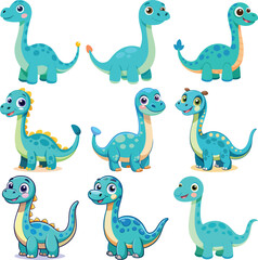 Cartoon Turquoise Brachiosaurus Dinosaurs with Spots and Spikes Collection Isolated on White