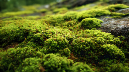 A carpet of vibrant green moss covering a stone surface, creating a textured and natural landscape