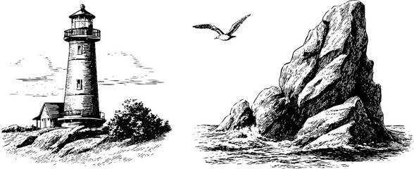 Coastal scenery engraving with lighthouse and rocky landscape for nautical themed designs