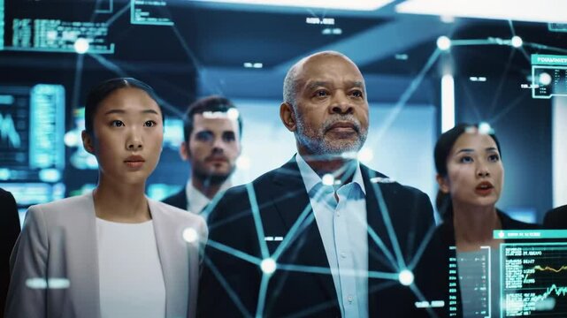 Business team analyzing data hologram - Powered by Adobe