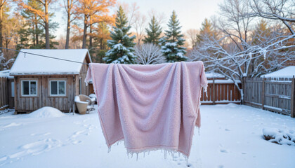 Blanket drying on clothesline in snowy winter backyard