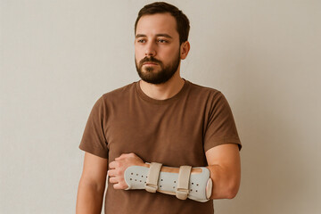 Man wearing arm orthosis after Injury. medical concept of rehabilitation, recovery, or injury treatment with orthopedic support.