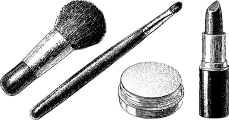 Vintage beauty collection: engraved makeup brushes and lipstick art design
