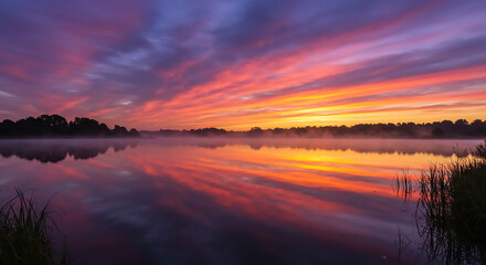 Colorful sunrise over a calm lake with mist and dramatic clouds reflecting on the water, surrounded by trees and reeds.