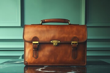 A rich brown leather briefcase sits on a marble surface.