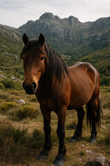 Garrano, a Wild Horse Roaming Freely in the Northern Highlands of Portugal’s Peneda-Gerês National Park, Symbolizing Wild Spirit and Iberian Heritage.

