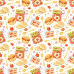 Watercolor seamless pattern with a jar of strawberry jam, cake, muffin, and cookies. Watercolor wallpaper.