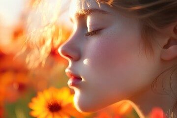 Fototapeta premium A serene young woman's profile, bathed in golden sunlight.