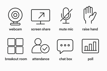 Virtual meeting icons: webcam, screen share, mute mic, raise hand, breakout room, attendance, chat box, poll