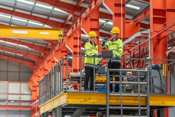 Industrial workers wea safety helmets and high visibility jackets inspecting equipment on an elevated platform inside a large factory or warehouse with orange steel beams and overhead cranes