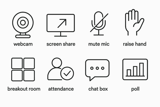 Virtual meeting icons: webcam, screen share, mute mic, raise hand, breakout room, attendance, chat box, poll