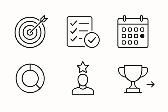 Business icons: target, checklist, calendar, chart, person, trophy