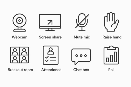 Video conference icons: webcam, screen share, mute mic, raise hand, breakout room, attendance, chat box, poll