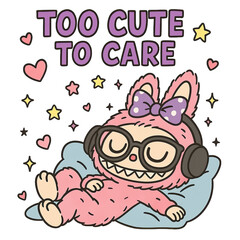 Cute cartoon character relaxing on a pillow with headphones, concept of Cuteness  