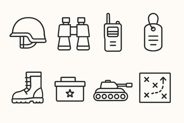 Military icon set: helmet, binoculars, radio, dog tag, boot, ammo box, tank, map