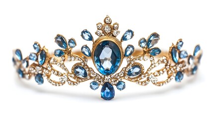 A decorative tia embellished with blue stones and gold accents, highlighting a stylish and luxurious design on a white background..