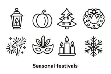 Festive icons: christmas tree, pumpkin, lantern, wreath, fireworks, mask, candles, snowflake
