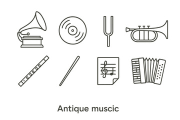 Fototapeta premium Antique music icons: gramophone, trumpet, flute, accordion, tuning fork, sheet music